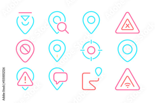 Neon blue and pink icons of map pins and warning signs in grid layout
