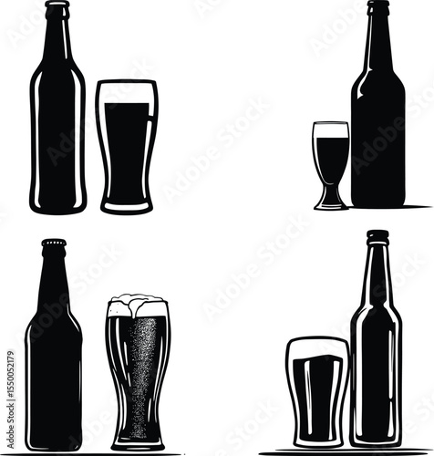 Black and white vector illustration set of four beer bottle and glass combinations, each pairing a tall bottle with a distinct glass style, including foamy pours and varied silhouettes, 