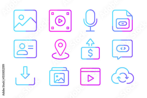 Neon icons: multimedia, location, communication, and cloud storage
