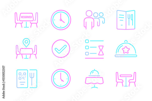 Neon icons of restaurant concepts: time, menu, reservation, dining symbols