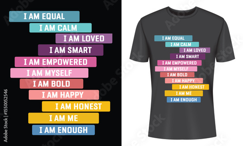 Positive Affirmations T-Shirt Design Featuring Empowering Messages of Self Love and Equality