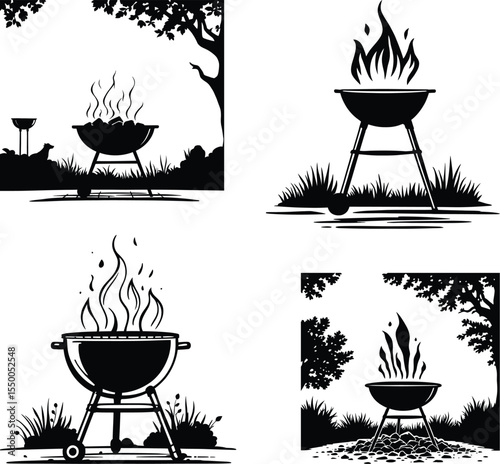 Black and white vector illustration set of four barbecue grill scenes, each featuring a flaming grill in different natural settings including grassy lawns, trees, and rocky terrain, 
