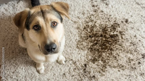 Curious dog observes messy carpet with growing concern and attention