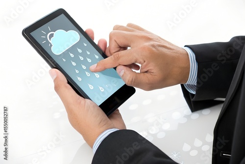 businessman holding mobile phone with weather forecast