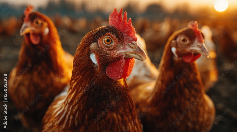 Naklejka premium Chickens are seen foraging on a rural farm during sunset, with soft golden light highlighting their vibrant feathers and expressive features. The serene atmosphere enhances the natural beauty.