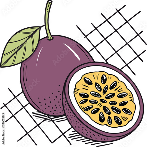 Whole and Halved Purple Passion Fruit with Bright Yellow Orange Pulp and Black Seeds Surrounded by Green Leaves on a Subtle Grid Background