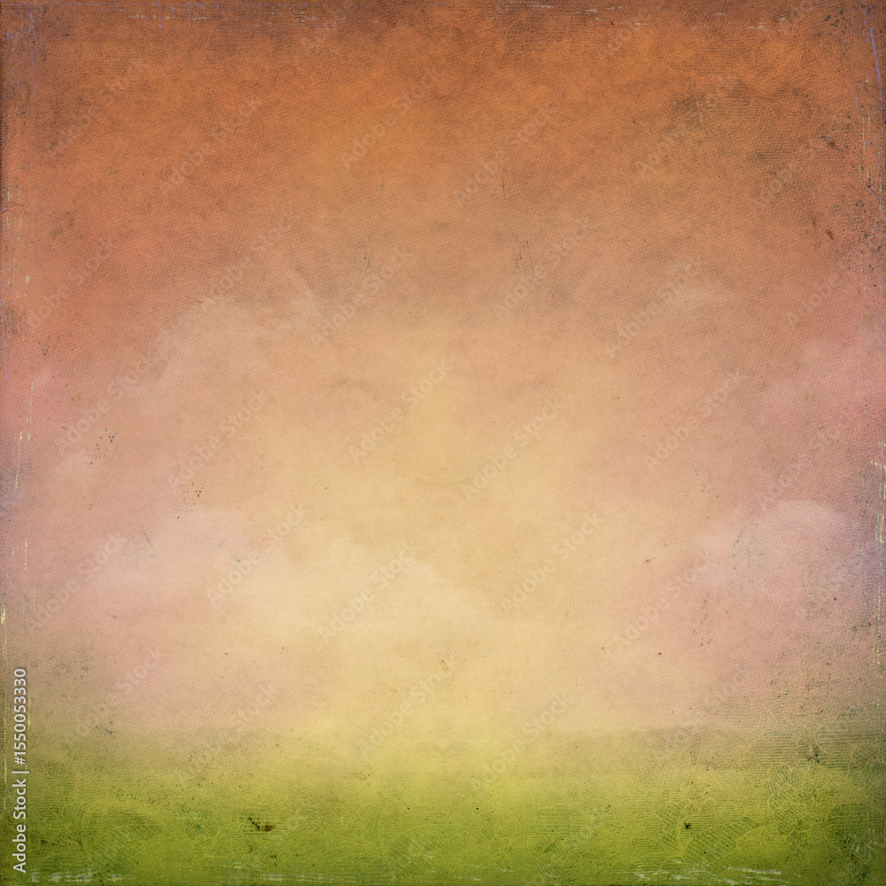 Obraz premium Vintage textured background with warm sunset tones blending into soft green, featuring subtle clouds and distressed details. Ideal for artistic designs, posters, scrapbooking, and creative projects.