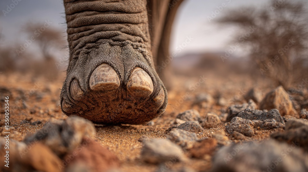 Naklejka premium A majestic elephant's foot makes contact with the rocky ground as it strolls through the African savanna at dusk. The warm light highlights the landscape and textures around.