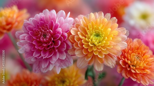 Chrysanthemums bloom in a garden, displaying a stunning array of colors including pink, yellow, and orange. The vibrant flowers capture the essence of a sunny day.