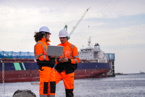 Two port engineers in high-visibility orange uniforms and hard hats communicate while inspecting dockside logistics using a laptop and walkie-talkie, symbolizing teamwork and safety.