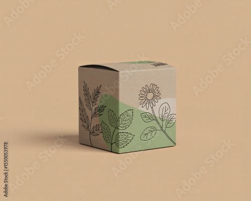 A small cardboard box is decorated with simple line drawings of plants. The design features a green and naturalistic aesthetic. 