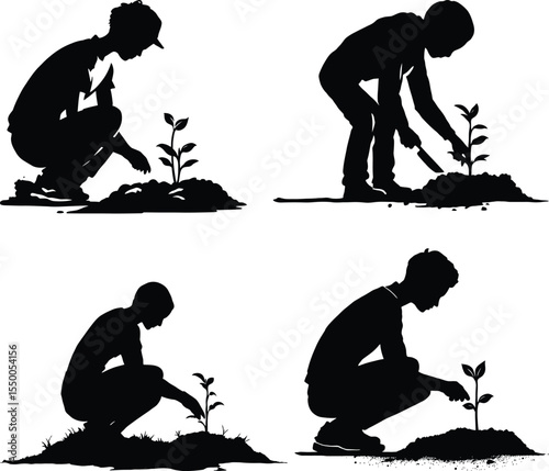Black and white vector illustration of four people engaged in gardening, each in a different pose tending to plants, designed in a minimalistic style to symbolize nurturing, outdoor activity, and care