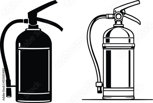 Black and white vector illustration of two fire extinguishers, one as a solid silhouette and the other with detailed outlines showing nozzle, hose, and handle, 