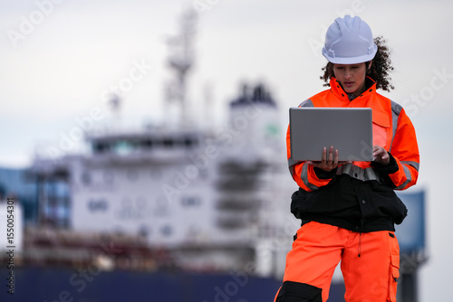 Two port engineers in high-visibility orange uniforms and hard hats communicate while inspecting dockside logistics using a laptop and walkie-talkie, symbolizing teamwork and safety.