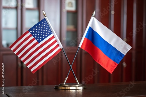 USA and Russia flag close on a table.