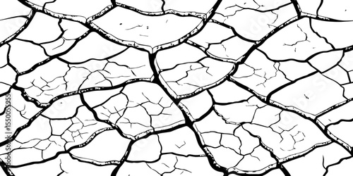 "A stark, high-contrast, black and white image of dry, cracked earth stretching towards the horizon, symbolizing drought, desolation, or the resilience of nature."