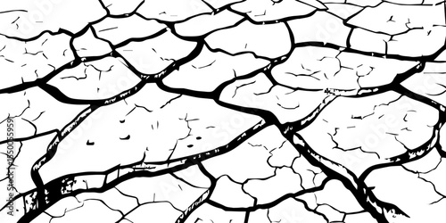 "A stark, high-contrast, black and white image of dry, cracked earth stretching towards the horizon, symbolizing drought, desolation, or the resilience of nature."