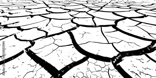 "A stark, high-contrast, black and white image of dry, cracked earth stretching towards the horizon, symbolizing drought, desolation, or the resilience of nature."