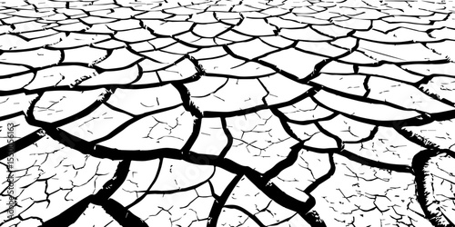 "A stark, high-contrast, black and white image of dry, cracked earth stretching towards the horizon, symbolizing drought, desolation, or the resilience of nature."