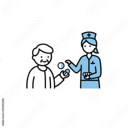 A caring nurse offering medication to an elderly patient.