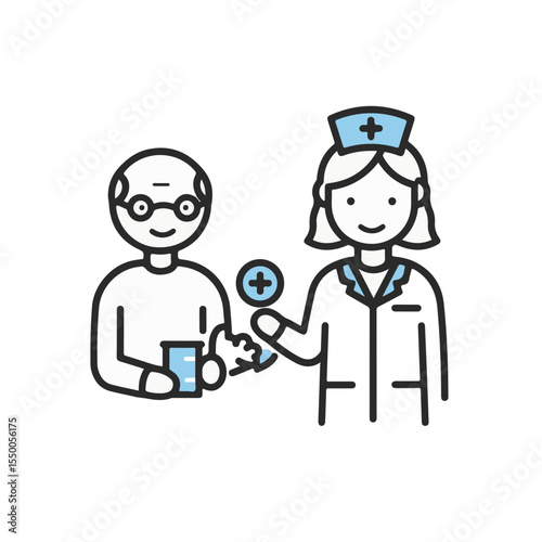 Nurse giving medicine to senior patient.
