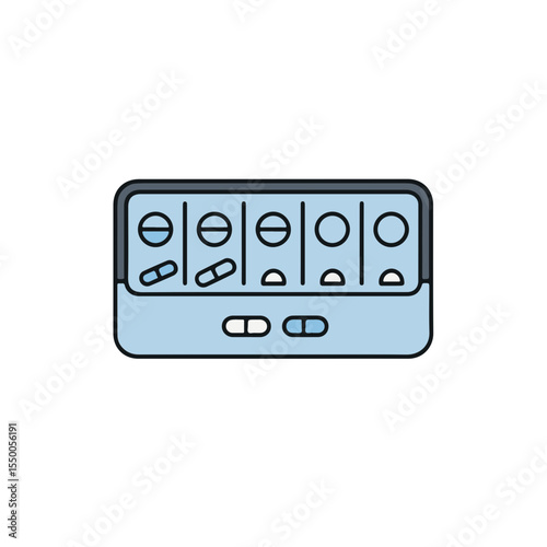 Pill organizer with various tablets, representing health and medication management.
