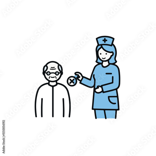 A healthcare worker interacts with a senior, emphasizing care and support.