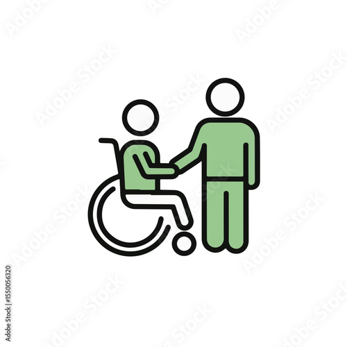 Two figures, one in a wheelchair and another offering a handshake, symbolising help and inclusivity.