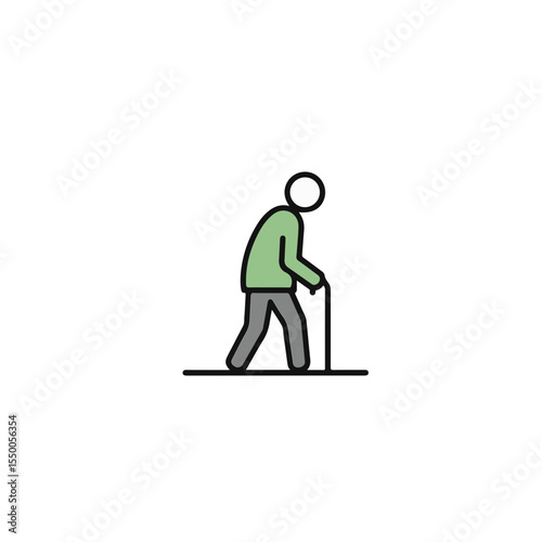 Simple illustration depicting an elderly person walking with a cane. 