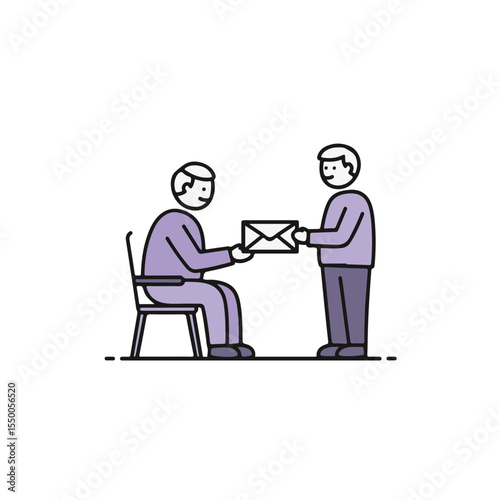 Illustration of two people in an office setting, one person is handing an envelope to the other