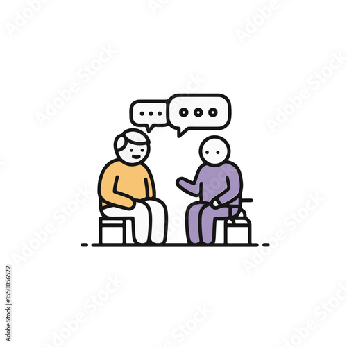 Two individuals are engaged in a dialogue, with speech bubbles indicating a conversation. 
