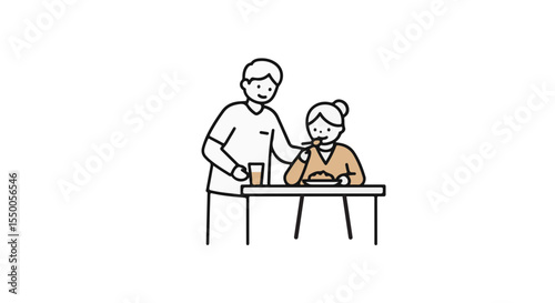 A drawing depicting a person assisting another with a meal.