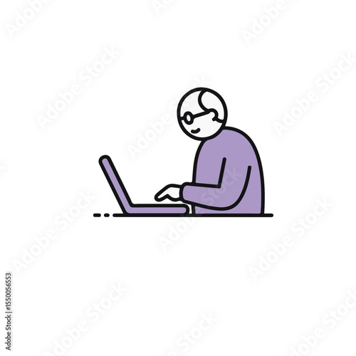 A senior individual sitting in front of a laptop, engaged in focused computer use.