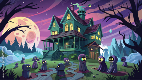 Spooky haunted house with bats and a towering fairy tale castle silhouette under a Halloween night sky and moon