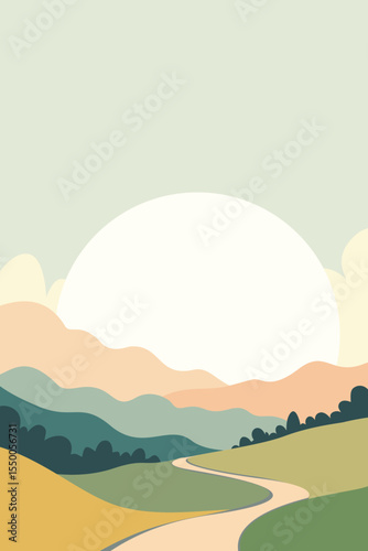 Landscape, Road, Desert, Sand, Canyon, Valley, Distance, View, Rock, Mountain, Hill, Sun, Sky, Tree, Nature, Artwork, Vector