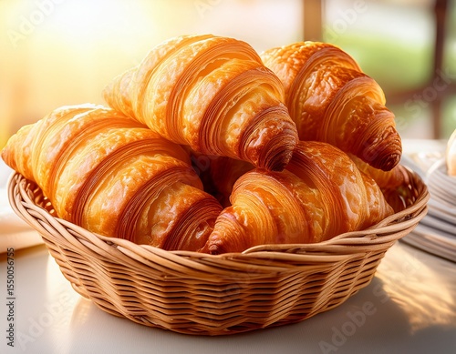 golden brown croissants sit in a wicker basket ready to be enjoyed