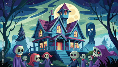 A charming cartoon fairy tale castle and house illuminate a fantasy winter village street under a moonlit night sky