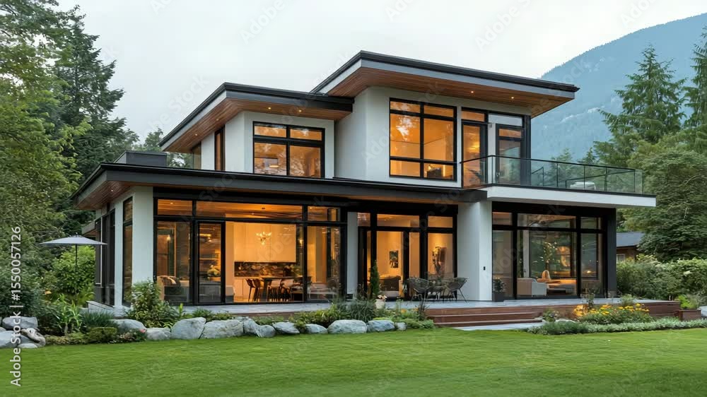Contemporary villa exterior with double-height windows, wood and stone details, and driveway Contemporary villa exterior with double-height windows, wood and stone details, and driveway