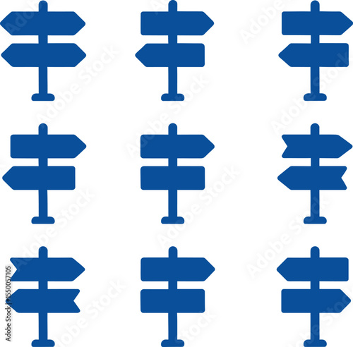 set of blue arrows and blue cross symbols vector icons and illustrations