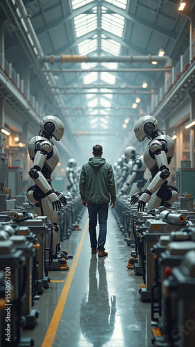 Alone Among Machines: Man Surrounded by Robots

