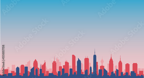 Vector illustration of vibrant skyline cityscape silhouette at sunset with pink and blue hues