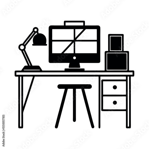Office Desk Tools Outline Vector Illustration