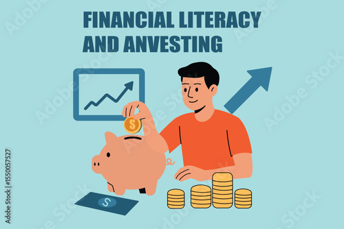 A young man deposits a coin into a piggy bank, symbolizing savings and investment. The image highlights financial education, wealth growth, and smart money management.