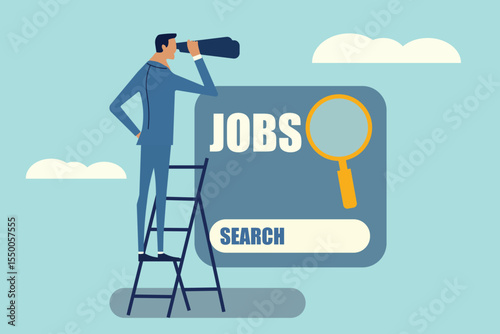 Actively searching for jobs. A person looks through a telescope at a job search interface, representing career hunting and new roles.
