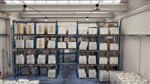 Panning to distribution warehouse stocked with white walls and goods arranged in order on blue iron shelves. The area is used to store bags in factory. Delievery of cargo with food. High angle view