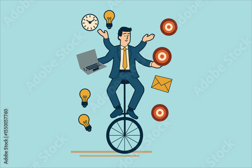 Entrepreneur expertly juggles business tasks, representing excellent time management, productivity, and the challenge of multitasking for success.