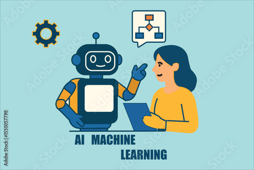 Friendly robot explaining machine learning to a woman with tablet Modern AI technology human and artificial intelligence collaboration in digital education