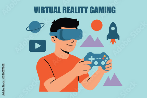 Immersive VR gaming. A gamer uses a virtual reality headset and controller, highlighting the exciting world of VR entertainment.
