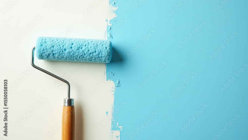 Obraz premium blue paint is applied to the wall with a roller