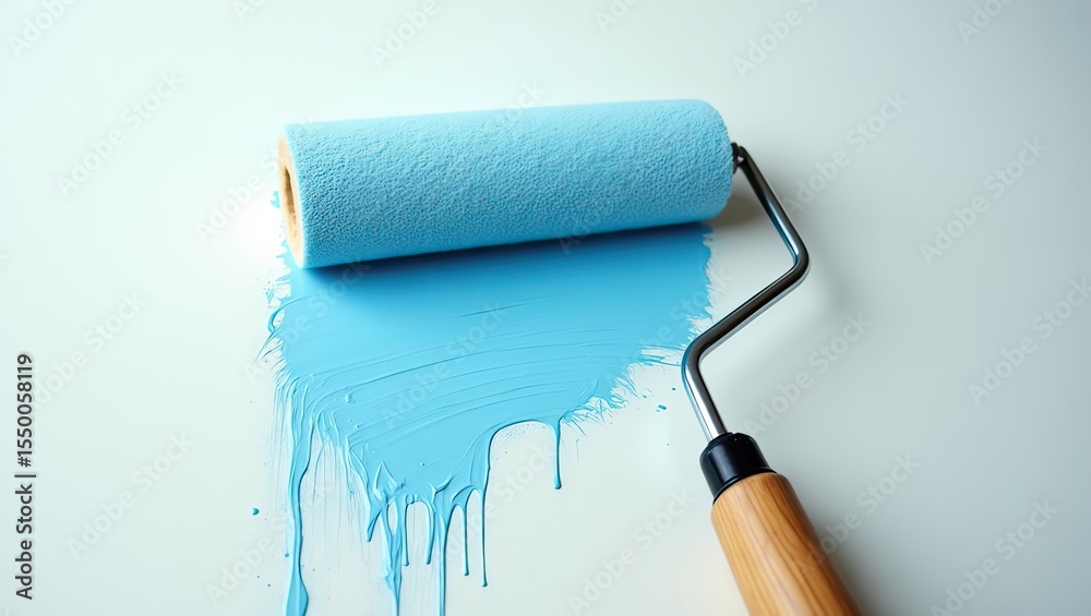 Obraz premium blue paint is applied to the wall with a roller